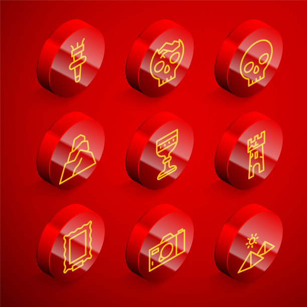 集线火炬火焰，破碎的人类头骨，人类，石头，中世纪高脚杯，城堡塔，图片和照片相机图标。向量图片下载