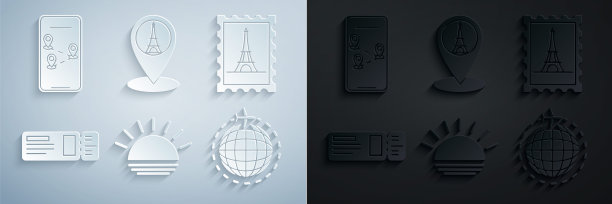集日落，邮政邮票和埃菲尔铁塔，旅游门票，地球与飞行的飞机，地图指针和信息图的城市地图导航图标。向量图片下载