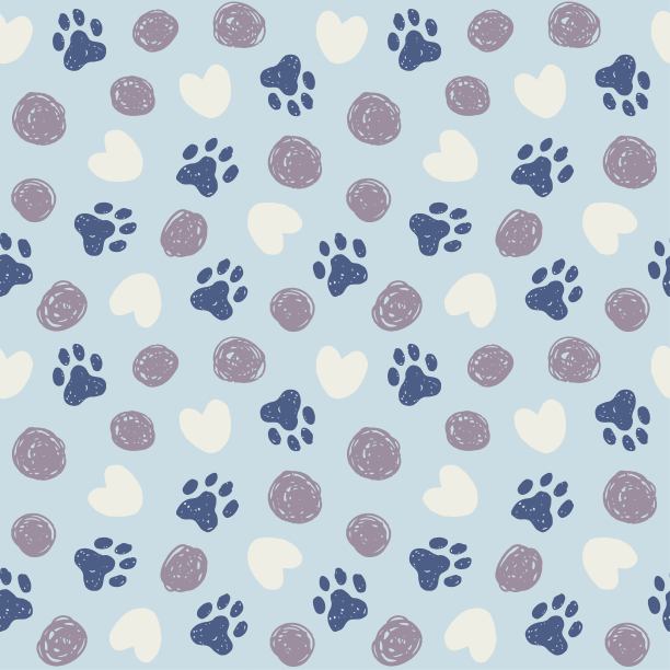 宠物爪印无缝图案与圆圈和心脏。手绘纹理猫，狗重复矢量背景。动物印花织物，纸张设计。图片下载