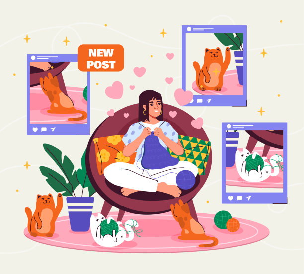 拿着动物照片的女人。小女孩把猫的照片发到社交网络上。受欢迎的博客。主人把宠物的照片上传到网上。平面矢量图图片下载
