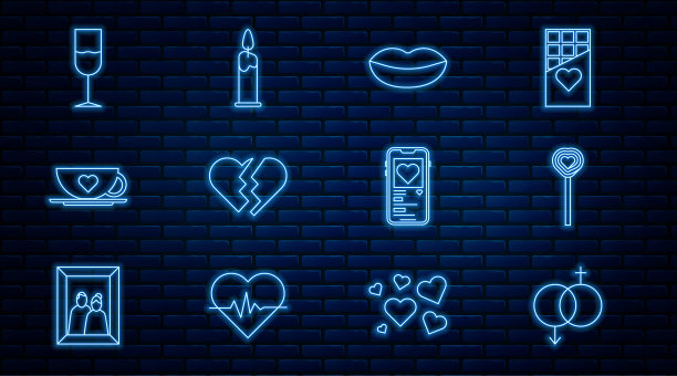 设定线性别，棒棒糖，微笑的嘴唇，破碎的心，咖啡杯和，酒杯，移动与燃烧的蜡烛图标。向量图片下载