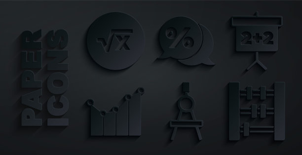 集绘图指南针，黑板，图形，时间表，图表，图表，算盘，折扣百分比标签和x字形图标的平方根。向量图片下载