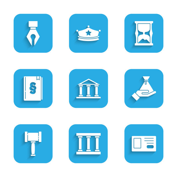 法院大楼、监狱窗户、身份识别徽章、贿赂钱袋、法官木槌、法律书籍、旧沙漏和钢笔笔尖图标。矢量素材图片下载