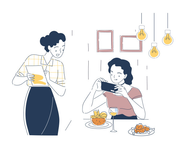 给食物拍照。在咖啡馆或餐厅里拿着智能手机的女人坐在那里给菜肴拍照。知名博主为社交网络拍摄内容。线性向量图解图片下载