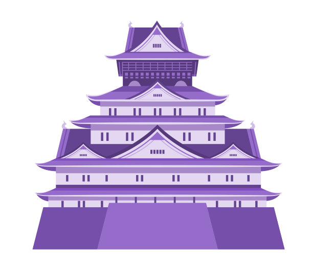 日本城堡与传统建筑紫色配色方案孤立在白色背景图片下载