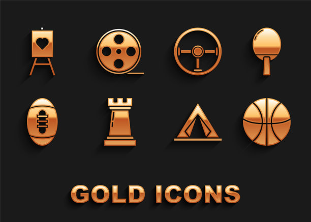 集国际象棋符号，球拍打乒乓球，篮球，旅游帐篷，美式足球，方向盘，木画架，绘画艺术板和电影卷轴图标。向量图片下载
