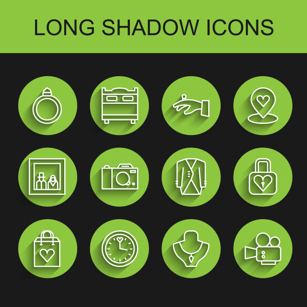 集线购物袋与心脏，时钟，钻石订婚戒指，项链人体模型，电影相机，照片，锁和西装图标。向量图片下载