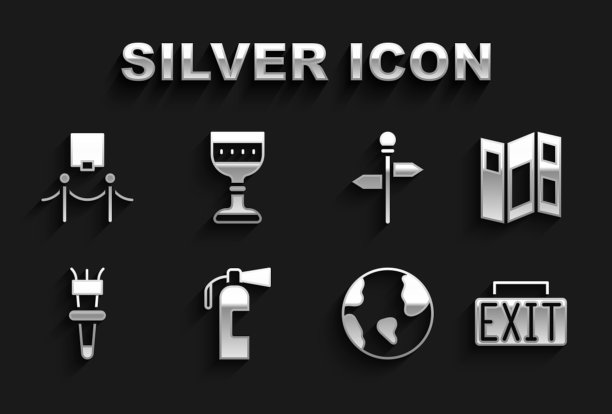 灭火器、博物馆指南、出口标志、地球仪、火炬火焰、道路交通标志、图片和绳障、中世纪高脚杯图标。向量图片下载