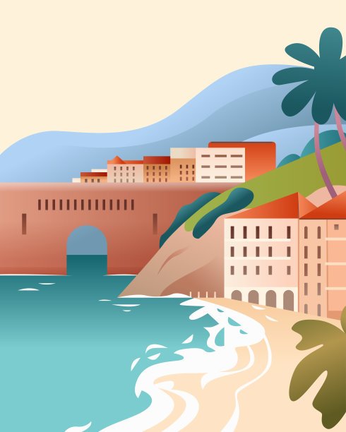 海滨小镇与海滩波浪建筑桥棕榈树和山的背景图片下载