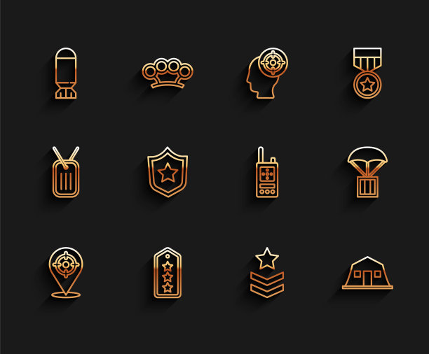 设定线目标运动，军衔，航空炸弹，兵营，奖励奖章，空投箱和对讲机图标。向量图片下载