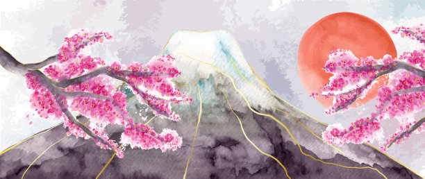 日式。以富士山为背景，盛开的樱花树枝。水彩纹理。矢量插图。图片下载