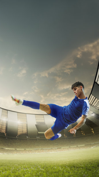 年轻人的垂直图像，穿着蓝色制服的足球运动员在运动，击球与动力和专注，玩。体育场3D渲染图片下载