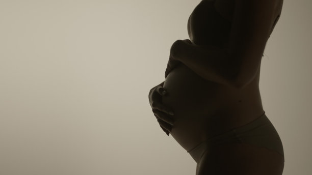 一个美丽的孕妇的剪影温柔地抚摸她的腹部在工作室。图片下载