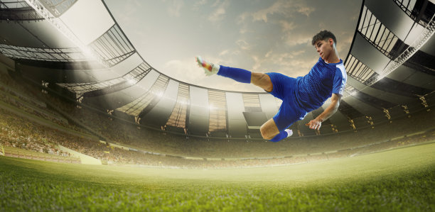 横向横幅上有穿着蓝色制服的年轻运动员，足球运动员在比赛期间在跳楼绿草地上击球。体育场3D渲染图片下载