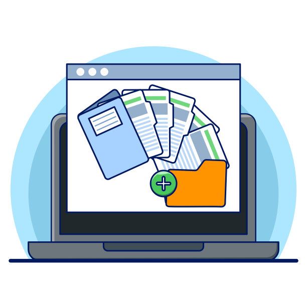 文件和媒体内容概念。显示器显示黄色文件夹，文件搜索和索引。文件管理器，数据存储，工作文件存档，平面矢量背景插图。图片下载