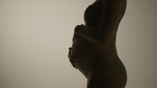 一个美丽的孕妇的剪影温柔地抚摸她的腹部在工作室。图片下载