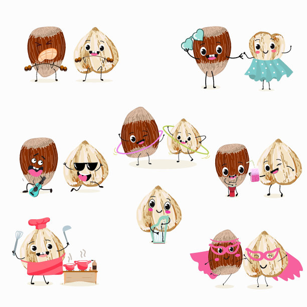 可爱的卡通榛子人物集。平面矢量插图。活动，演奏乐器，运动，有趣的坚果。儿童菜单装饰的微笑吉祥物。图片下载