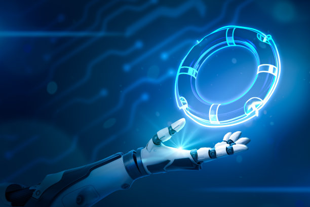 霓虹蓝色背景上的机械手和船救生圈图片下载