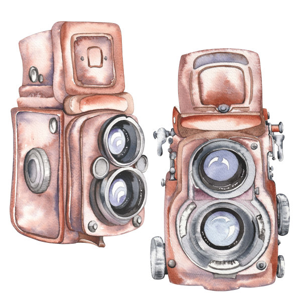 一套复古相机水彩插图。图片下载