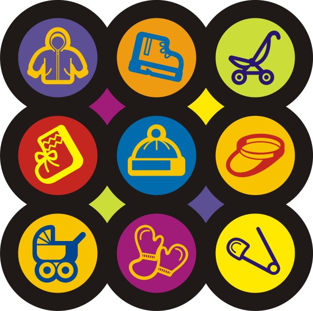 可爱的婴儿和孩子矢量图标集-婴儿车，衣服和配件图片下载