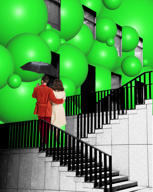 年轻的夫妇，男人和女人站在抽象的单色建筑旁边，带有明亮的绿色元素。当代艺术拼贴。图片下载