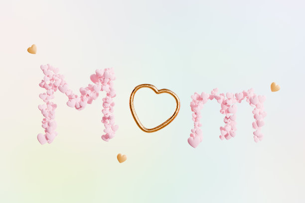 祝您母亲节快乐。“妈妈”的题词是由一颗心做成的。三维渲染图片下载