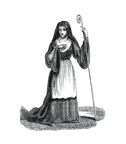 英国女修道院院长的古代服装。修女服装。天主教会的等级制度。手绘雕刻复古插图。老英格兰。盎格鲁撒克逊时期。图片下载