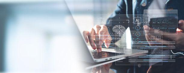 AI人工智能。商业女性使用人工智能技术进行数据分析，用数字大脑编码计算机语言，虚拟屏幕上的机器学习，商业智能图片下载