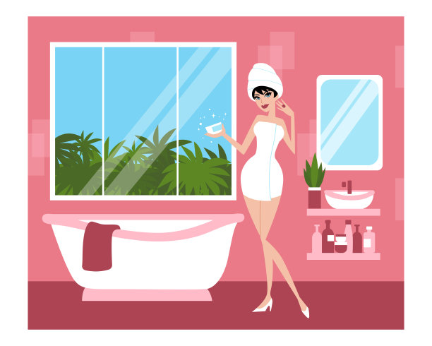 平面矢量艺术的年轻女子在毛巾站在粉红色的浴室。图片下载
