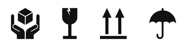 包装符号设置。包装货物图标。包装警示标志:本面朝上、小心轻放、易碎、保持干燥等标志。用于包装盒或包装上。图片下载