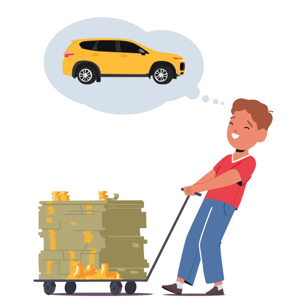 一个小男孩，眼睛里闪烁着梦想，拉着装满现金的手推车，想象着他渴望买的那辆时髦的汽车图片下载