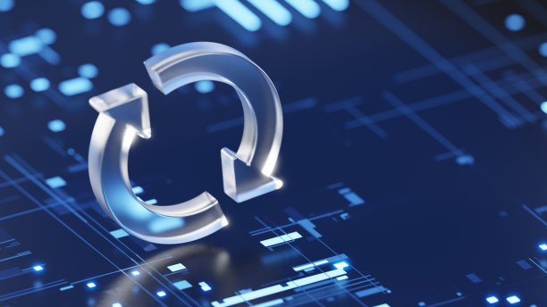 两个圆形箭头图标-更新符号。3d玻璃更新，深蓝色数字背景上的刷新图标图片下载