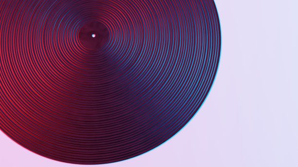 这张图片展示了一张充满复古浪潮美学的黑胶唱片，融合了经典的模拟音乐和未来的霓虹元素。图片下载