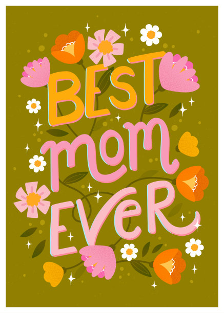 可爱的手绘和手写母亲节卡片，复古的设计，充满活力的颜色图片下载