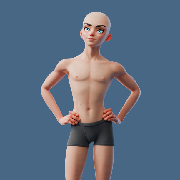 3d渲染可爱的年轻秃顶卡通人物。图片下载