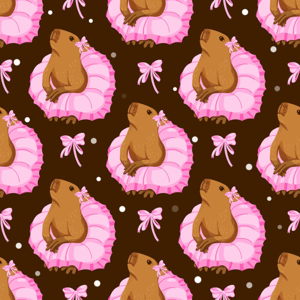 无缝图案水袍女孩在粉红色的裙子。水豚芭蕾舞者舞蹈，训练。可爱的插图在平面风格。图片下载