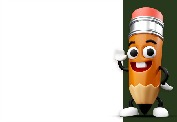 3D卡通铅笔人物。微笑的铅笔吉祥物手指着空白的白板插图。艺术与教育主题图片下载