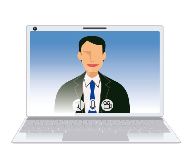 在线会议的图片说明。日本男性商人，性格与笔记本电脑和平面设计。图片下载