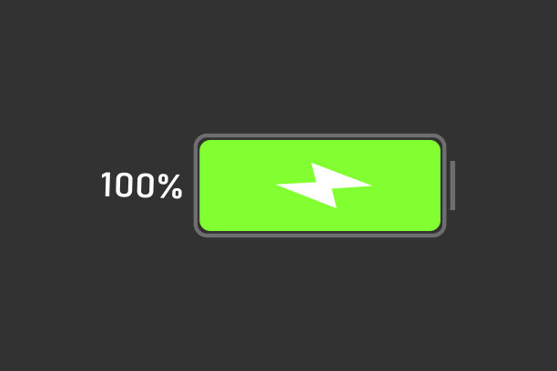 带闪电符号和百分比的电池充电指示器。在灰色背景上充能100%。矢量图图片下载