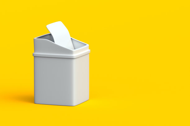 黄色背景的垃圾桶。家庭垃圾桶。副本的空间。三维渲染图片下载