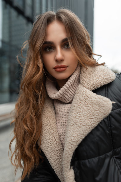 一个美丽的都市女性模特肖像，干净的脸，卷曲的头发，穿着时尚的冬季羽绒服和针织的复古毛衣图片下载