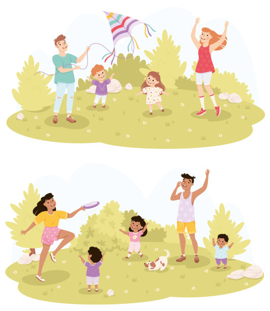 在公园矢量插图集绿色草地上与孩子们玩风筝和飞盘的家庭图片下载