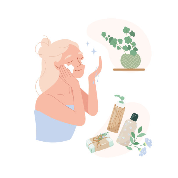 女孩在家里使用天然木瓶的清洁和保湿面部护肤品。日常护肤程序。平面矢量插图的年轻女子洗她的脸天然化妆品图片下载