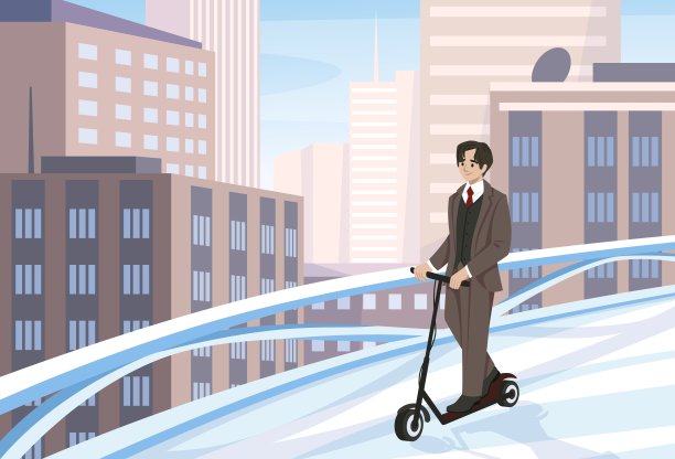 骑电动滑板车的男人与城市建筑矢量插画图片下载