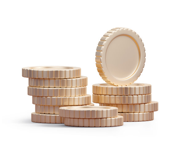 叠金币、货币、市场、金融或投资货币、银行、财富、现金和黄金美元堆孤立在白色经济背景下与企业盈利标志。图片下载