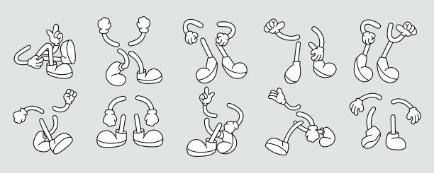 集70年代groovy漫画腿和手矢量。收集卡通人物，腿，手在不同的情绪高兴，生气，悲伤，开朗。可爱的复古时髦的装饰，贴纸嬉皮士插图图片下载