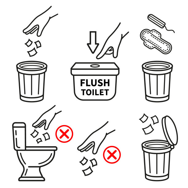 厕所垃圾桶，回收垃圾，不扔卫生纸在厕所的碗，冲水在公共卫生间线图标设置。没有垃圾。家里的垃圾桶。手动按下清洗按钮。向量图片下载