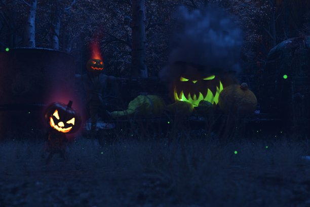 万圣节南瓜人在黑暗森林里的一辆坚固的皮卡上开槽图片下载