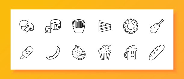 精致集图标。蘑菇、有洞的奶酪、纸杯蛋糕、法棍面包、冰淇淋、甜甜圈、炸薯条、快餐、垃圾食品、樱桃、蛋糕、香肠、饮料、不寻常的食物。矢量线图标。图片下载