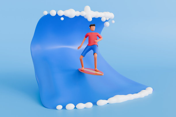 冲浪3D插图。男孩冲浪对波浪3d插图图片下载